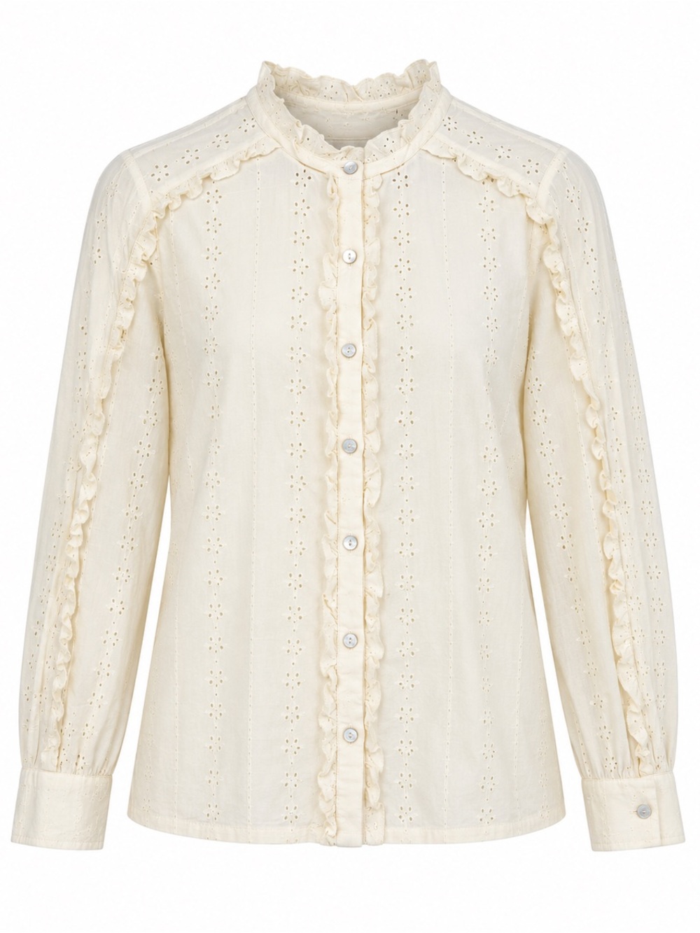 Cleobella Eyelet Ruffle Blouse Sz XS Cream Button Up Long Sleeve Cottage